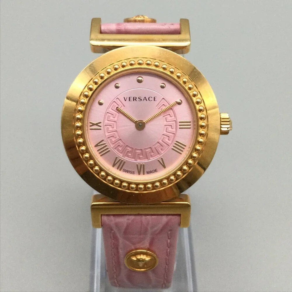 Versace Womens Watch 35mm Pink Dial Gold Tone Leather Swiss Medusa New Battery